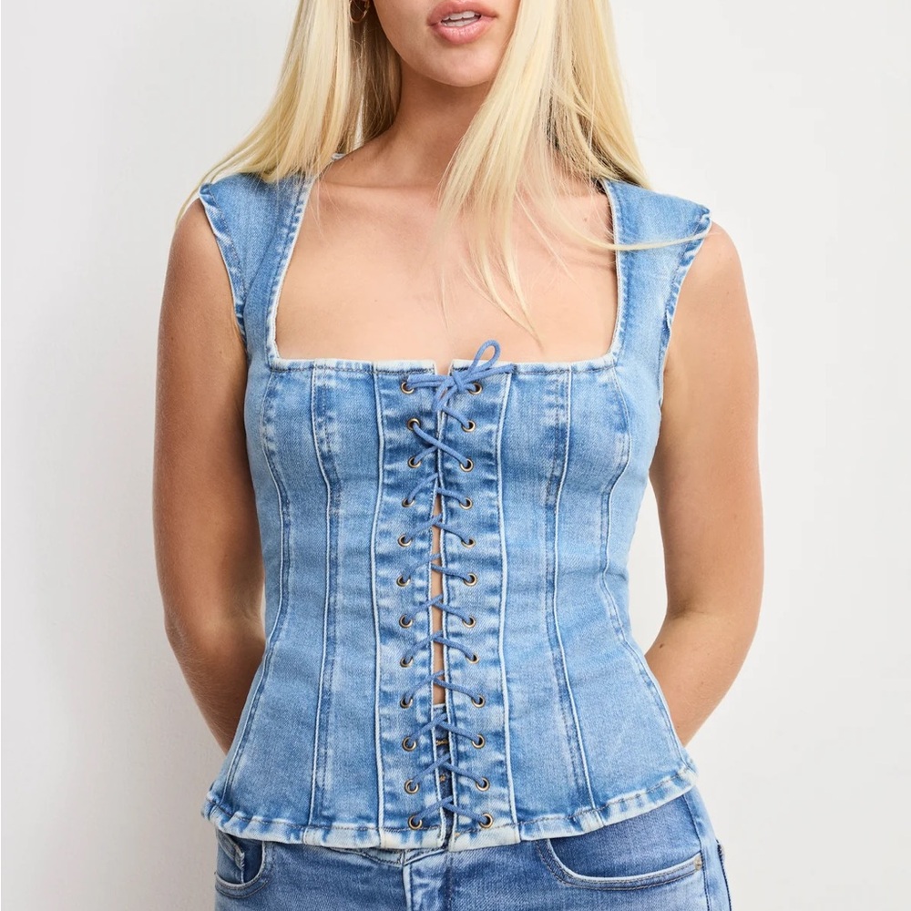 Good American Dolly Lace up Peplum Denim Corset Top